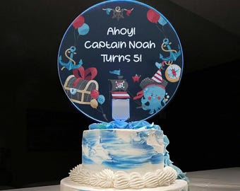Ahoy Pirates Captain Pirate Theme Happy Birthday Cake Topper Top Personalized Name Kids LED Multiple Colors Light Effects Light Up The Party