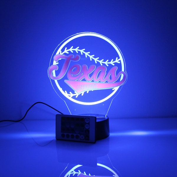 Texas American Baseball Sports Fan, Sports Themed Ball Lamp Night Light LED Personalized FREE, 16 Color Options With Remote, Made in America