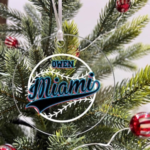 Personalized Ornament Baseball Sports Team Fan Xmas Keepsake 3.5&quot; Acrylic Festive Holiday Christmas Tree Hanging Decoration Gift - Miami