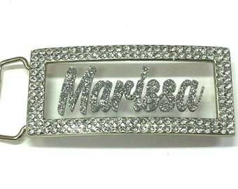Adjustable Belt Buckle Laser Cut Personalized Custom Bling Rhinestone Silver Glitter Any Name, Word - Fantastically Unique and Eye Catching!