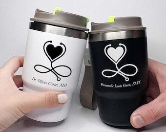 Personalized 16oz Stainless Steel Vacuum Insulated Tumbler Coffee Cup Travel Mug 2-in-1 Lid, Cupholder Friendly, Doctor Nurse Paramedic Gift