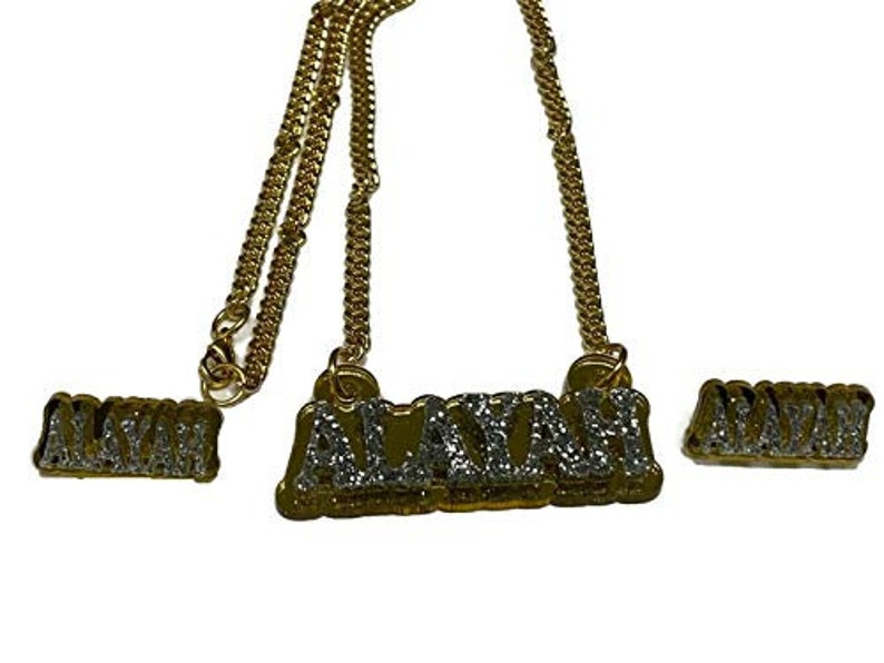 Dazzling and Stunning! Personalized Matching Necklace and Stud Post Earrings Set Name Plate Custom Laser Cut Diamond Look Made to Order