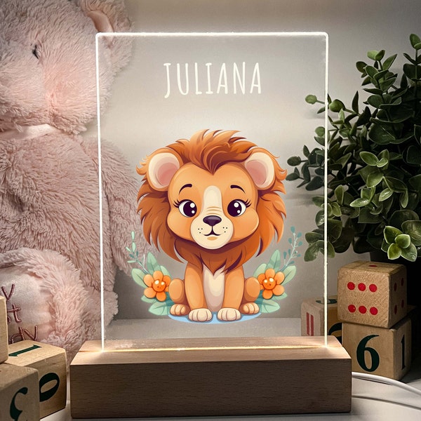 Mignon personnalisé personnalisé nom LED bois support signe nuit allumer lampe Safari animaux Lion Cub lampe garçons, filles, enfants bébé pépinière chambre décor