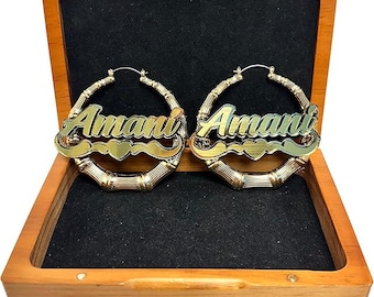 Jolies boucles d'oreilles en bambou en or ou en argent, plaque signalétique découpée au laser, personnalisé audacieux style hip hop pour femmes, couleur et taille au choix, cadeau