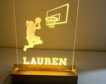 Custom Personalized Name LED Wood Stand Room Night Light Up Table Lamp Basketball Sport Basket Ball Game School Team Girl Female Player Gift