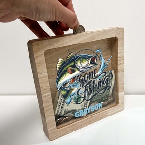 Poupança personalizada cofrinho para meninos nome personalizado caixa de dinheiro captura de peixe ido pesca bonito pesca temático berçário da criança meninos presente do quarto