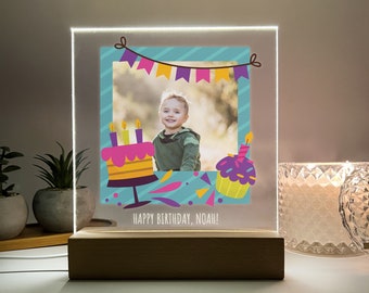 Custom Personalized Name LED Wood Stand Night Light Up Happy Birthday Holiday Photo Picture Frame Lamp, Boys Girls Kids Baby Room Decor Gift