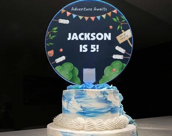Camp Camper Camping Theme Happy Birthday Cake Topper Top Personalized Name Boys Kids LED Multiple Colors Light Effects | Light Up The Party