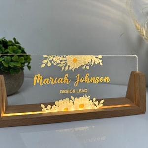 Personalized Desk Name Plate With Wooden Base, Lighted LED Light Nameplate, Desk Accessories, Office Gifts for Boss Coworkers, New Job Gifts
