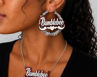 Personalized Name Necklace & Bamboo Hoop Earrings Set | Custom Gold or Silver Nameplate Jewelry Swirls, Heart  Crown Multiple Colors / Sizes