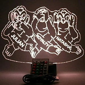 Hear See Speak No Evil Monkeys Night Light Up Table Desk Lamp LED Personalized Free Custom Names It&#39;s Wow, With Remote 16 Colors, Great Gift