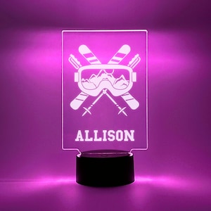 Personalized Ice Skier Skiing Player Fan Light Up, 16 Colors LED Room Sports Night Light Lamp FREE Engraving, Remote Control, Ski Theme Gift