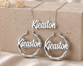 Personalized Custom Bamboo Hoop Earrings  Name Earrings Name Plate | Size & Color Choice | Gold or Silver Hoop | Matching Necklace Available