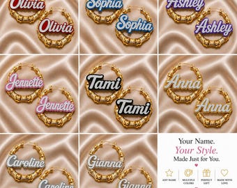 Personalized Name Plate Jewelry Set | Custom Name Necklace & Bamboo Hoop Earrings | 1.5", 2.5" or 3.5" Hoop Size | Gold or Silver Set | Gift