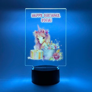Happy Birthday Cute Colorful Unicorn Magical Princess Girls Room Decor Name Night Light LED Personalized 16 Color Options, Gift, Centerpiece