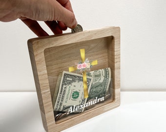 Presente de batismo personalizado, bebê, aniversário, batizado, menina, meninos, primeira comunhão, confirmação de fé, poupança de madeira, caixa de memória sombra