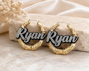 Personalized Custom Bamboo Hoop Earrings Custom Name Earrings Glitter Script Name Plate | Gold or Silver Hoop | Matching Necklace Available