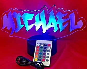 Night Light Up Table Lamp LED Personalized Engraved Create Your Own Name In Graffiti Custom Name or Word, With Remote, 16 Colors, Great Gift