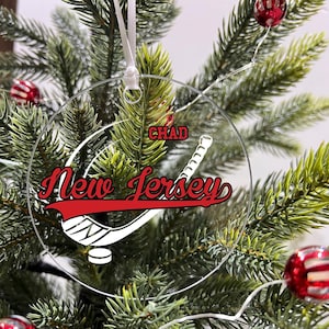 Ornamento personalizado para torcedor de time esportivo de hóquei, lembrança de Natal, acrílico de 3,5&quot; para decoração de árvore de Natal festiva, presente - Nova Jersey