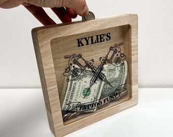 Loja de tatuagem artística, banco de tinta para estúdio de arte corporal, caixa de sombra, memória de aventura personalizada, banco de lembrança de madeira, quadro de fundo personalizado, coleção de presente