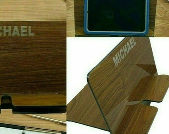 Wood Tone Acrylic Tablet Ipad Holder Stand Custom Desktop Organizer Personalized Free Engraved Features Crafted Designed Charging Cord Space