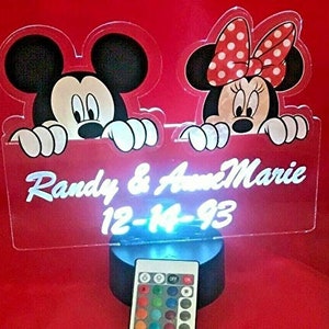 Mickey and Minnie Mouse Night Light Up Table Desk Lamp LED Personalized Free Engraved Custom Names It&#39;s Wow With Remote 16 Colors Great Gift