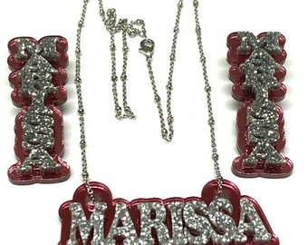 Personalized Matching Necklace and Stud Post Earrings Set Name Plate Custom Laser Cut Diamond Look Made to Order, Dazzling and Stunning!