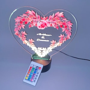 Valentines Day Wedding Centerpiece Heart with Flowers UV Printed Couples Night Light Table Lamp LED Personalized Names Custom Gift & Remote