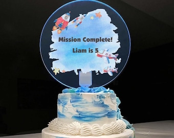 Space Rocket Theme Happy Birthday Cake Topper Top Personalized Name Girls Boys Kids LED Multiple Color Light Effects | Light Up The Party!