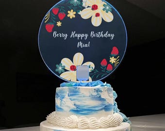 Berries & Flowers Theme Happy Birthday Cake Topper Top Personalized Name Girls Boys Kids LED Multi Color Light Effects | Light Up The Party!