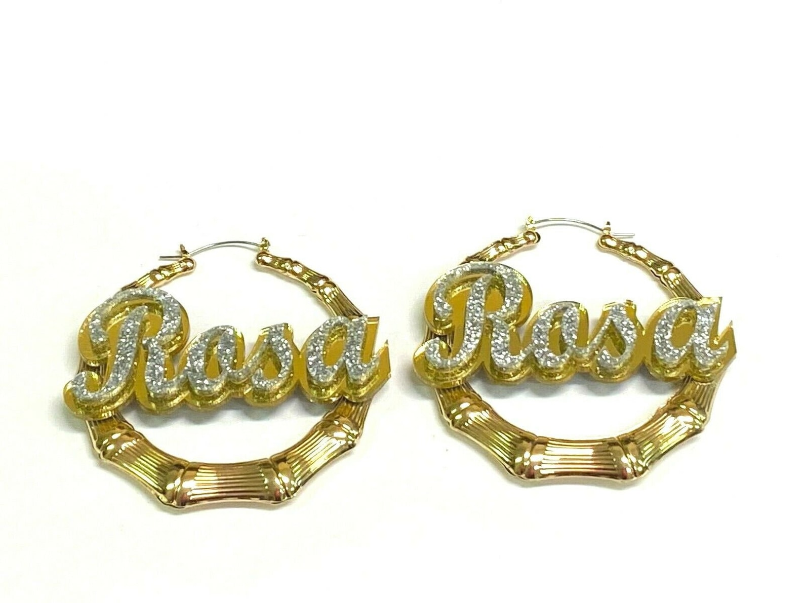 Gold Hoop Bamboo Earrings Name Plate Laser Cut Personalized Etsy