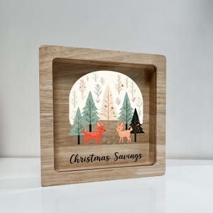 Personalized Christmas Tree Deer Outdoor Scene Savings Piggy Bank Money Box Boy Girl Room Decor Ideal Holiday Gift - Teach Savings in Style!