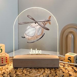 Custom Personalized LED Wood Stand Night Light Up Table Lamp Boys Room Decor Helicopter Aircraft Chopper, Copter Heli Whirlybird Themed Gift