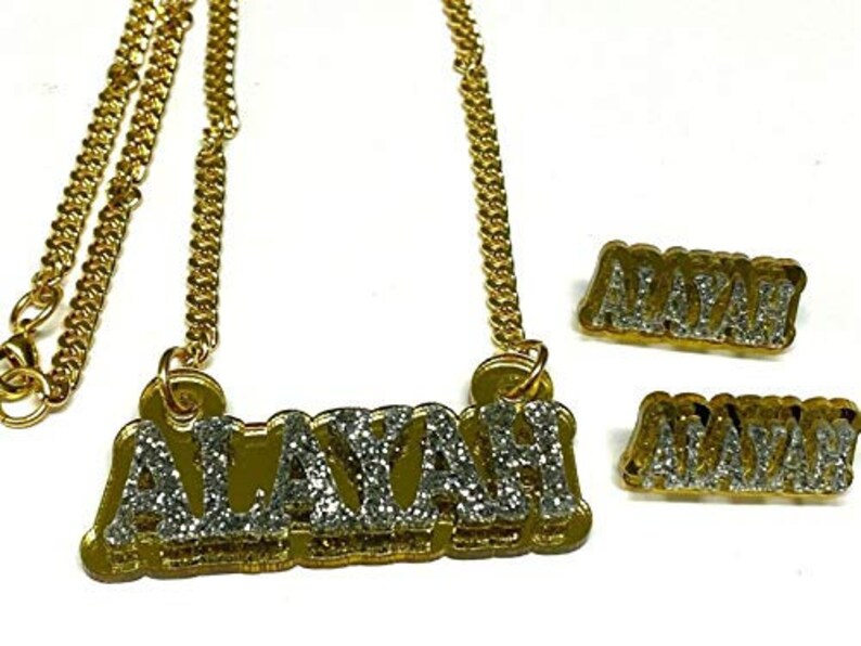 Dazzling and Stunning! Personalized Matching Necklace and Stud Post Earrings Set Name Plate Custom Laser Cut Diamond Look Made to Order