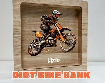 Motocross Savings Piggy Bank for Boys Dirt Bike Custom Name Money Box, Free Standing Room Decor | Design Choice Boy Gift | Personalized Free