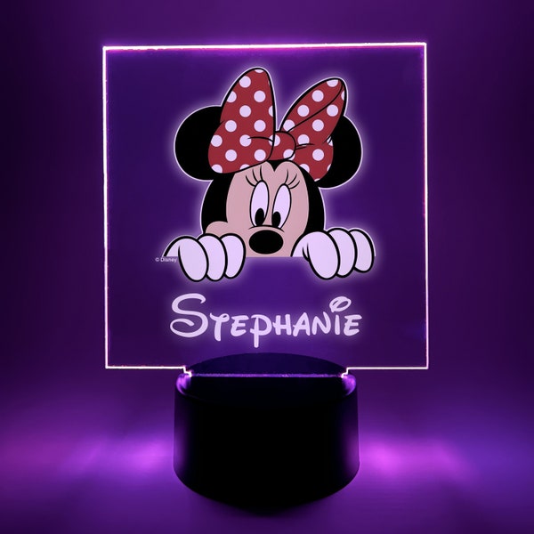 Minnie Mouse Princess Night Light Up Table Lampe de bureau LED Nom gravé gratuit LED Décoration de chambre à coucher pour filles Idéal pour chambre d'enfant, salle de bain