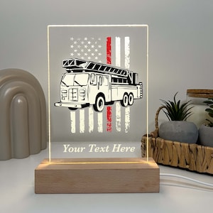 Personalized LED Fire Engine Truck Wood Stand Night Light Up Table Lamp Bravery & Courage Firefighter Room | Red Line Flag | Fire truck gift