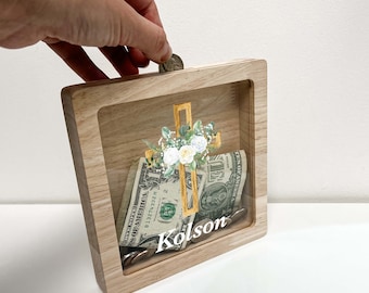 Caixa de dinheiro personalizada para batismo, cofrinho de moedas, decoração de quarto de berçário, presente de padrinho, presente de batismo de bebê, 1ª, presente de primeira comunhão