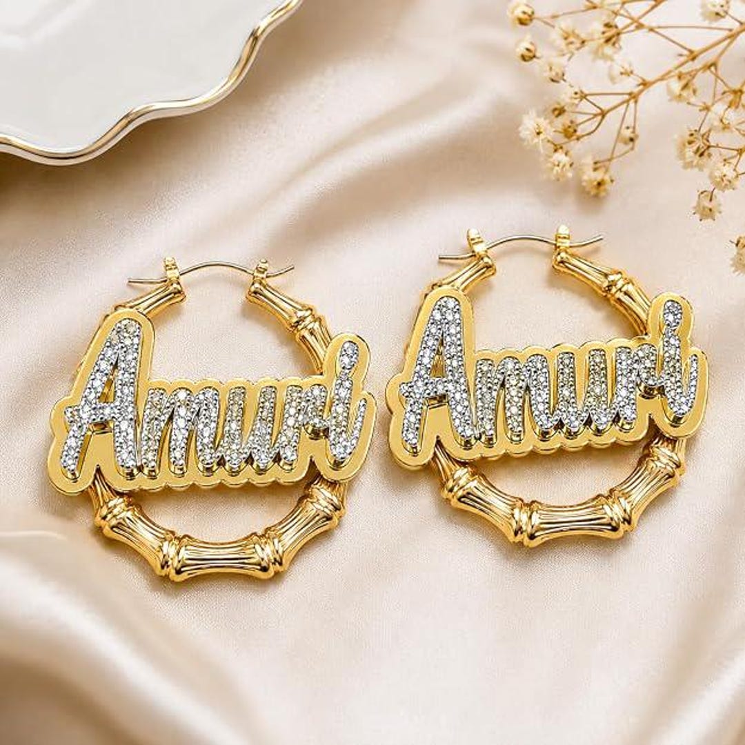 Personalized Gold or Silver Bamboo Hoop Earrings Custom Name Plate