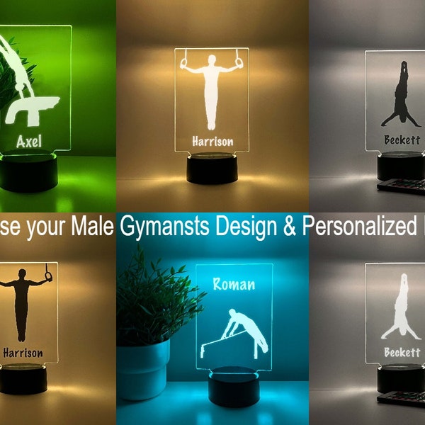 Mens Boys Male Gymnastics Sign Night Light Up Lamp Personnalisé Gratuit Gravé 16 Options de Couleur et Télécommande, Meilleur Cadeau, Trophée Gymnaste