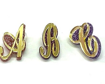 Personalized Custom Diamond Glitter Look Post Stud Earrings Script Initial Letter Plate Laser Cut Design Made To Order, 1" Size - Stunning!