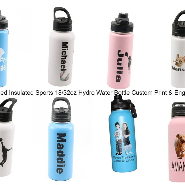 Personalized Insulated Stainless Steel Sports 18/32oz Water Bottle Custom Print Engraved Keeps Cold 24 hrs Classic Thermal Flasks Easy Carry