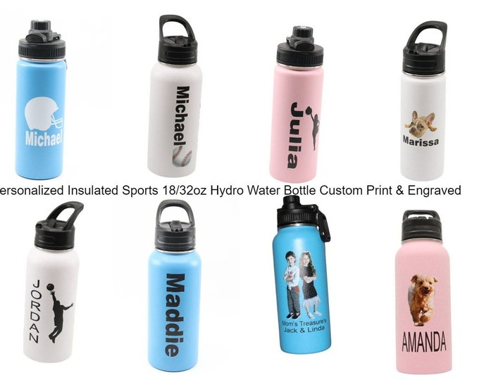 Personalized Insulated Stainless Steel Sports 18/32oz Water Bottle Custom Print Engraved Keeps Cold 24 hrs Classic Thermal Flasks Easy Carry