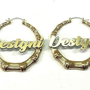 Gold Hoop Bamboo Earrings Name Plate Laser Cut Personalized Custom Design Stunning Look - 1.5, 2.5, 3.5" Size Choice Attractive, Great Gift