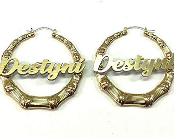 Gold Hoop Bamboo Earrings Name Plate Laser Cut Personalized Custom Design Stunning Look - 1.5, 2.5, 3.5" Size Choice Attractive, Great Gift