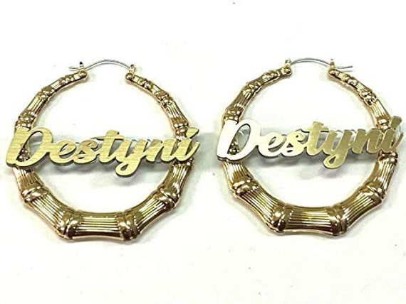 Gold Hoop Bamboo Earrings Name Plate Laser Cut Personalized Custom