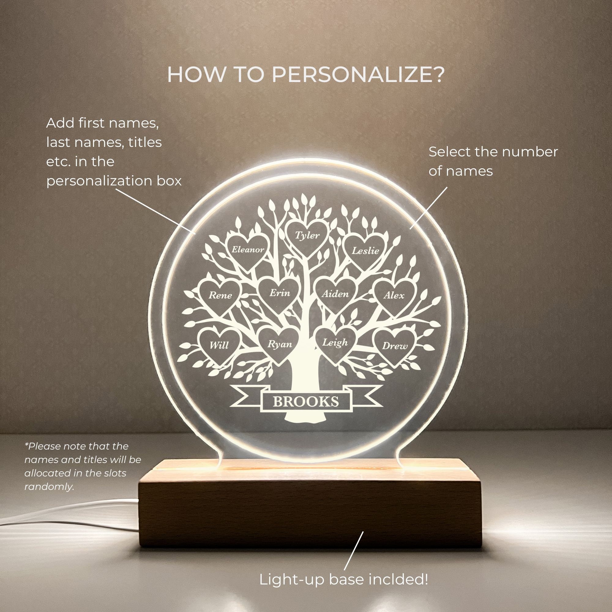 Personalized Custom Family Tree, Roots of Love Wood Stand Frame Plaque LED Night Light Up Table Lamp, Engraved Gift, Home Decor, Family Gift