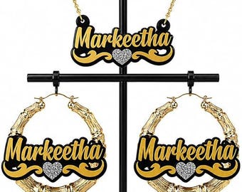 Personalized Name Necklace & Bamboo Hoop Earrings Set | Custom Gold or Silver Nameplate Jewelry Swirls, Heart  Crown Multiple Colors / Sizes