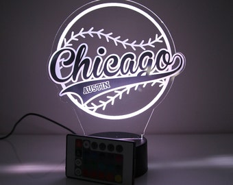 Chicago American Baseball Sports Fan Sports Themed Ball Lamp Night Light Up LED, Personalized FREE, 16 Colors With Remote, Made in America