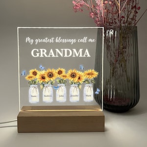 Custom LED Wood Stand Sunflower Personalized Gift Night Light Up Lamp My Greatest Blessings Call Me Grandma, Nana Mema Children&#39;s Name & DOB